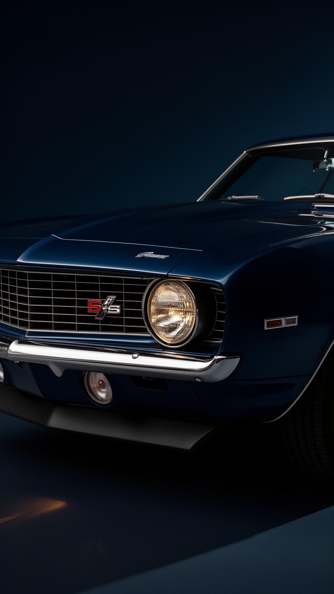 Classic American muscle car in deep navy with chrome detail